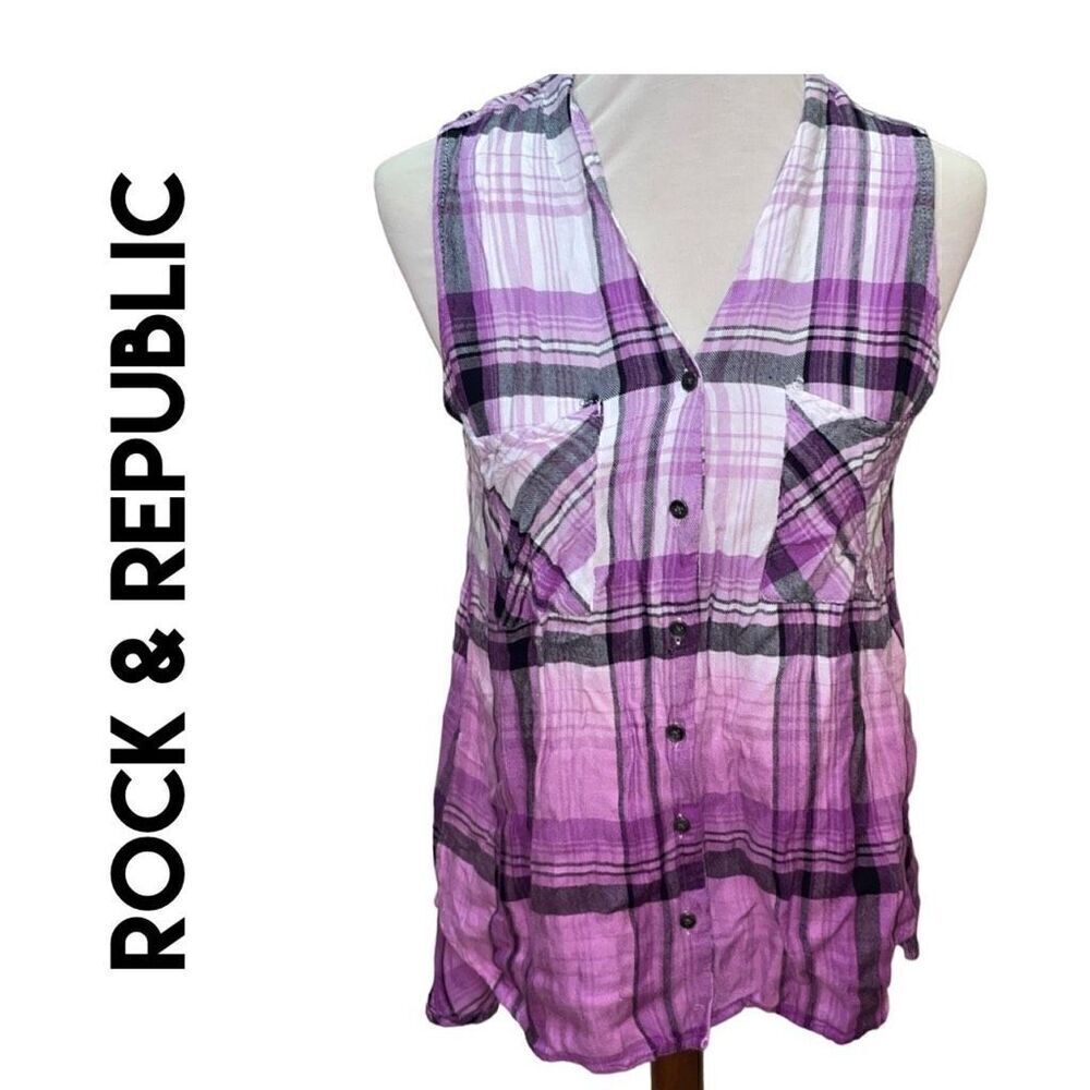 Rock & Republic Purple Checkered Split Back Sleeveless Button Front 100% Rayon B